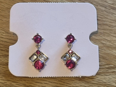 ACCESSORIZE STUNNING MAGENTA PINK CLEAR DIAMANTE CRYSTAL DROP DANGLE EARRINGS