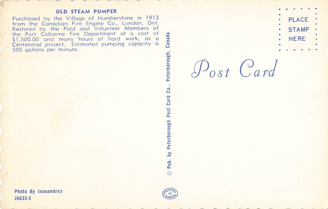 Postcard Port Colborne Ontario Fire Department Restored 1913 Old Steam  Pumper
