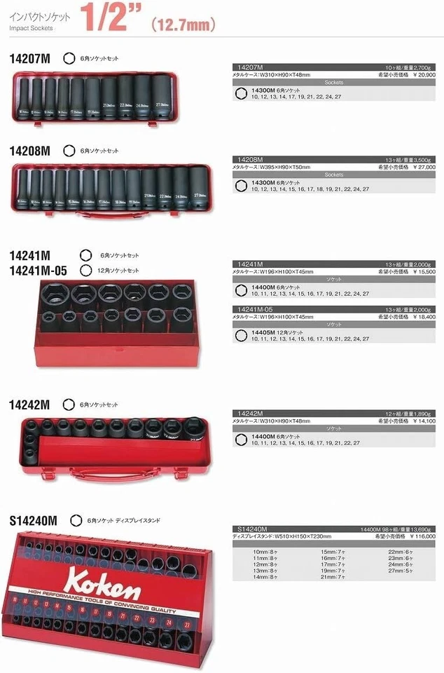 KOKEN 1/2 0.5in SQ. Impact Socket Set of 12 14242M Hexagonal Tool w/Metal Case - Image 2 of 3