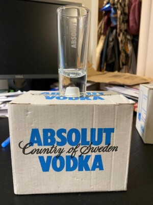 Shot glasses set of 6 Absolut Vodka, new in box, white drop in base