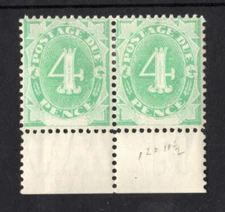 M2904 Australia 1902 SGD5 - 4d emerald green bottom marginal pair, perf 11½, 12