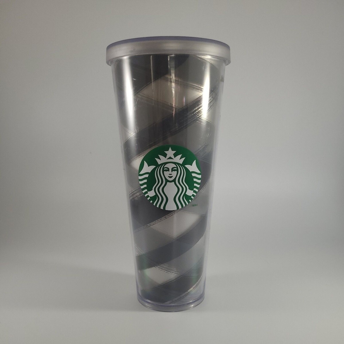 RARE 2014 Starbucks SILVER/BLACK RIBBON Pattern Venti Cold Cup Tumbler 24 oz