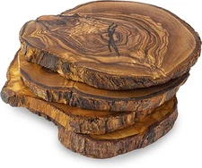 Olive Wood Coasters, Set of 4 Round Wooden Coasters, Rustic Table Decor
