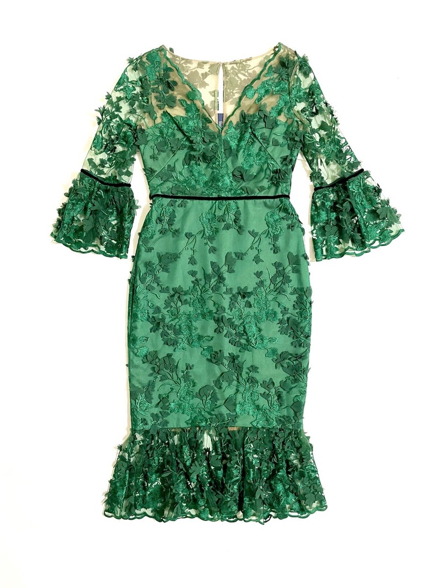 marchesa notte green lace dress Marchesa Notte Green Embroidered Tea Length Fit Flare Flower Dress Sz 2 NWT  $795