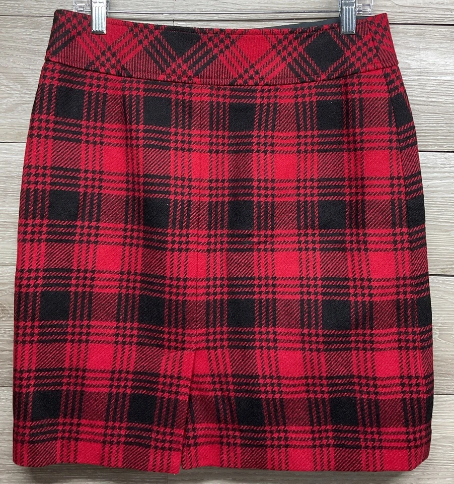 LL Bean A 字及膝羊毛裙女式 8P 码最爱合身红色黑色格子 — 第 2/4 张图片