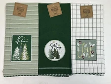 Design Imports DII Merry Joy Peace Embellished Christmas Holiday Dishtowel Set 3