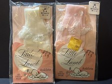 2 Vintage Girls Ankle Socks Little Lamb Renfro Hosiery Co Pink Cream Anklets NEW