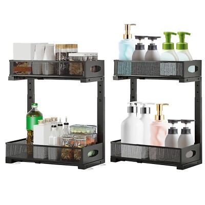 2PCS Pull Out Under Sink Cabinet Organizer Multi-Purpose 2-Tier Under Sink Shelf