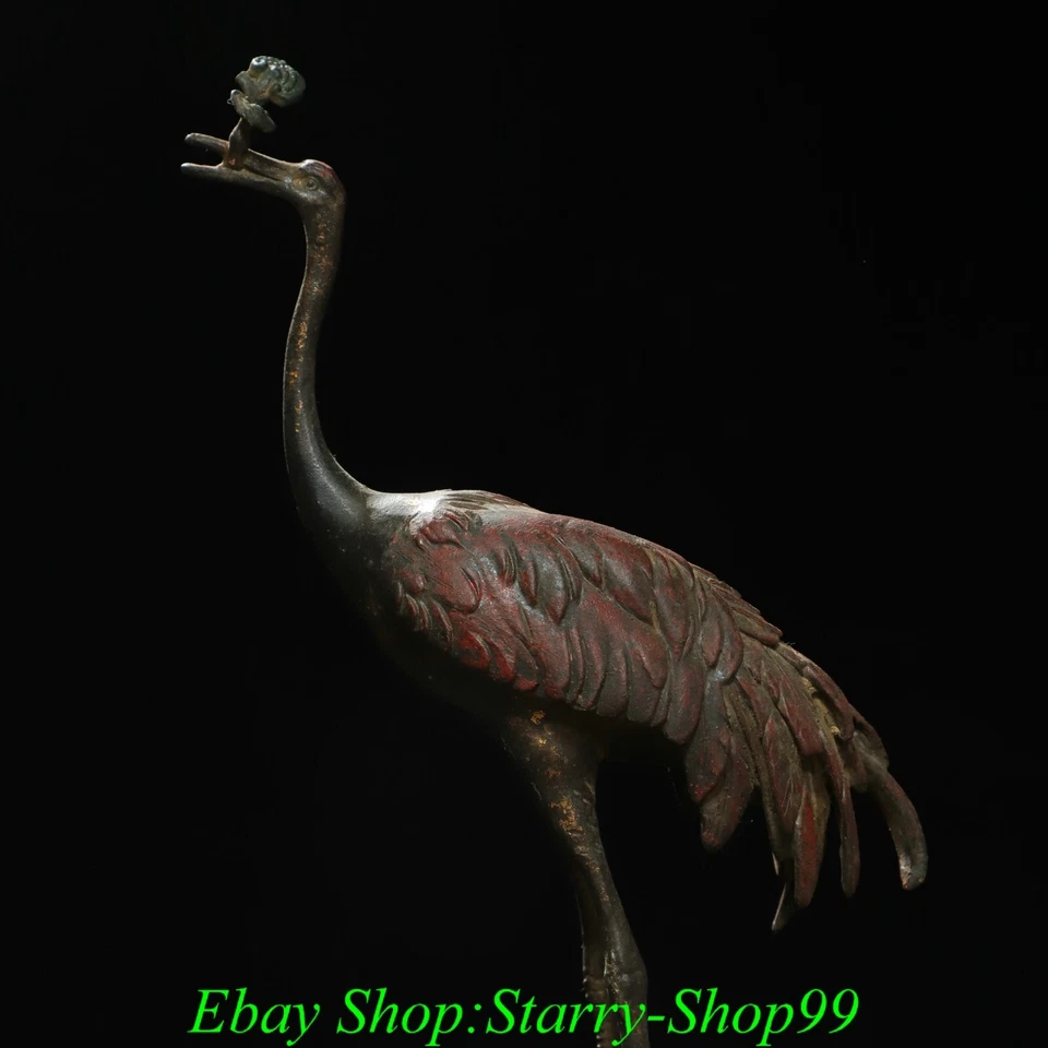 Antigua Dinastía China Bronce Dorado Feng Shui Dragón Tortuga Grúa Coronada Roja Estatua Foto 2 de 4