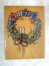 Stampendous Rubber Stamp Birdhouse Wreath R041 wood mounted Spring Gardening