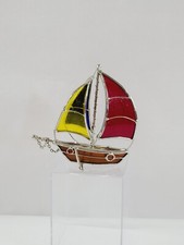 Stained Glass Metal Three Sails Sailboat Figurine Freestanding 5 Tall