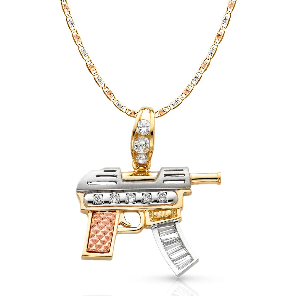 Ciondolo Ciondolo Pistola Fucile Oro 14K Tri Colore Oro Zirconia 4 8 mm Catena Stellare Valentino
