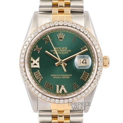 ROLEX DATEJUST 16223 18K GOLD/STEEL 36MM OLIVE GREEN ROMAN DIAL DIAMOND BEZEL