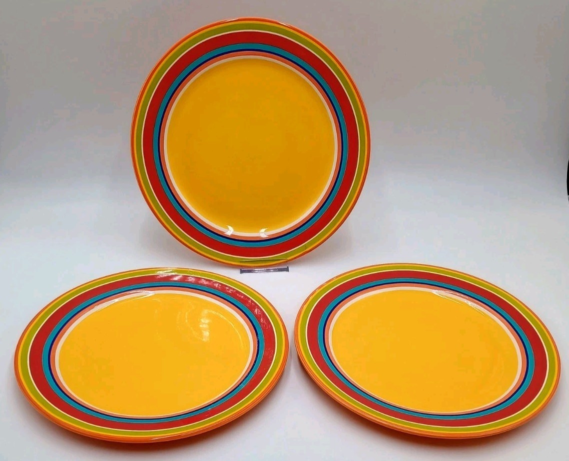 3 Pier 1 Summer Stripes Ironstone Dinner Plates Colorful - Excellent Condition