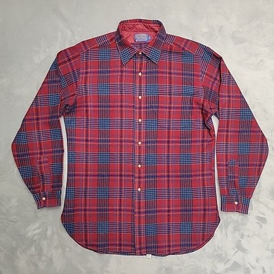 Vintage Pendleton Shirt Mens Large Long Red Plaid 100% Virgin Wool Made in USA