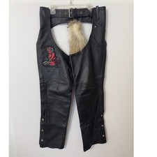 Chaps Genuine Leather Motorcycle Black Devil Patch Fur Tail XS Biker Moto Pants
