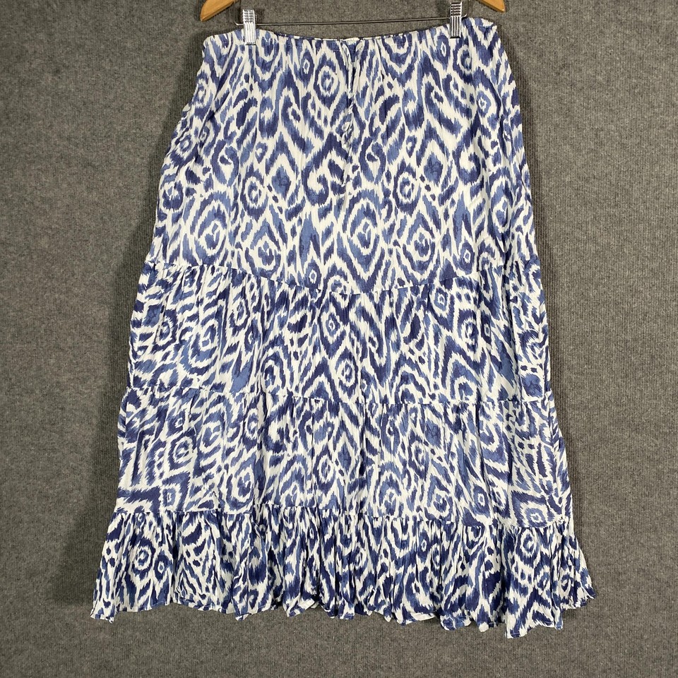 Elementary Skirt Womens 16 Blue White Geometric Tiered Maxi Ruffle Lined Summer