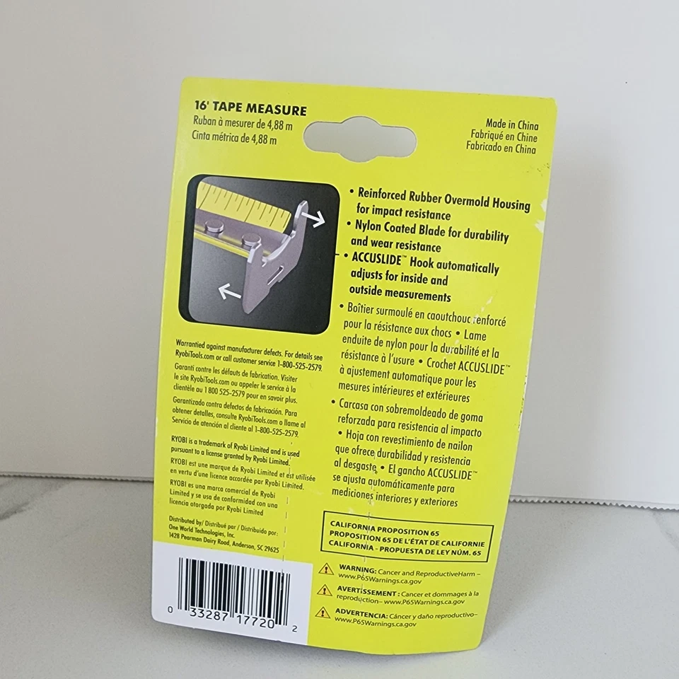 RYOBI 16 FT Tape Measure Nylon Coated Blade Rubber Grip Fraction Markings RTM16 - Image 2 of 4