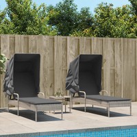 Sonnenliegen 2Er Set Mit Dach Und Tisch Hellgrau Poly Rattan