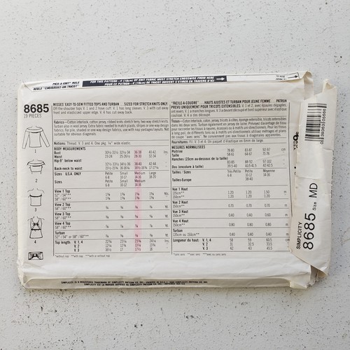 1980s Vintage 36" - 38" Bust Simplicity 8685 Bralette Turban Top Sewing Pattern - Picture 2 of 3