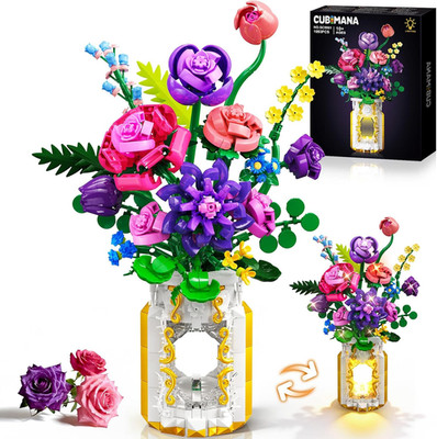 Flowers Bouquet Building Set with Hollowed-out Vase & LED Light, 1093PCS Botanic