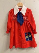 Polly Flinders Vintage Girls Sz 6 Red Hand Smocked Embroidered Dress w/Blue Bow