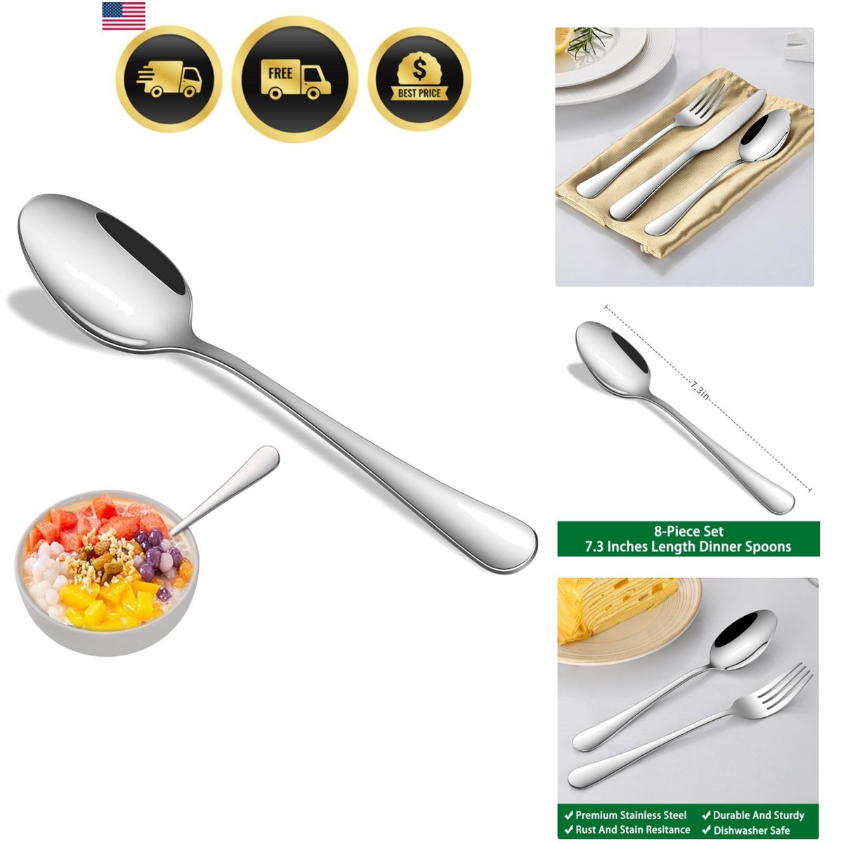 Dinner Spoon Set,8-Piece 7.3 Inch Soup Spoons, Food Grade