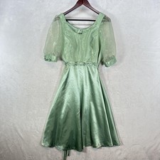 Handmade Dress Womens S Green Satin Puff Sleeve Fairy Princess Coquette Beaded