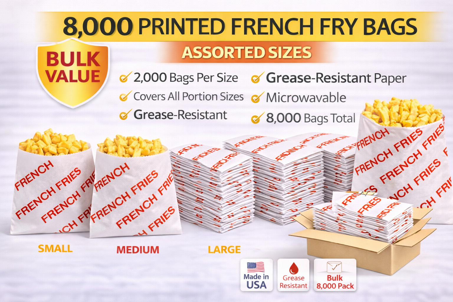 French Fry Bags Printed Grease Resistant Assorted Sizes 8000 Total Bulk Pack