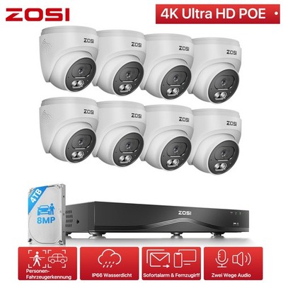 ZOSI 16CH 4K 8MP PoE Überwachungskamera Set Aussen 4TB NVR 8X IP Dome Kamaras