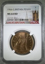 1966 GREAT BRITAIN BRITANNIA LARGE COPPER PENNY NGC MS64 RD LOW MINTAGE