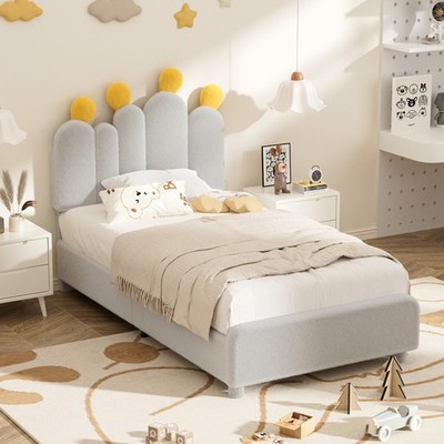 Kids Boucle Bed with Headboard - cactus upholstered platform frame for children