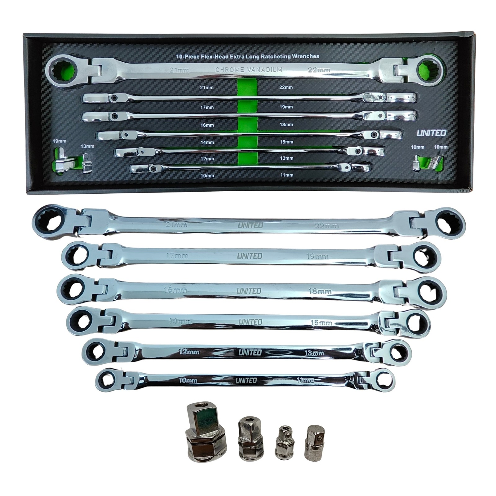 United Tools 10PC Extra Long Flexi Head Ratchet Spanner Set 10-22mm | EVA