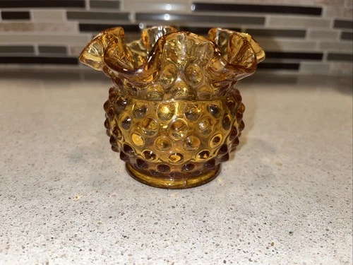 Vintage Fenton Small Amber Hobnail Glass Rose Bowl w/Ruffle Rim Vase Dish 3"