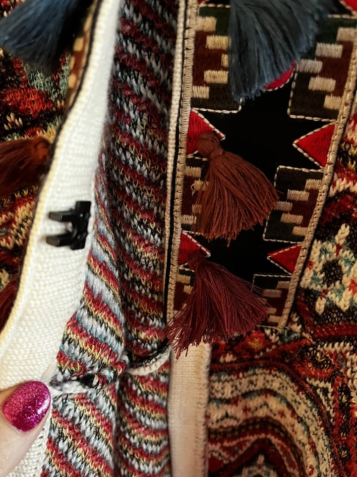 Cárdigan Suéter Peck & Peck Boho Tapiz Borlas Gancho Cierre Mezcla de Lana Usado en Excelente Condición XL Foto 4 de 4