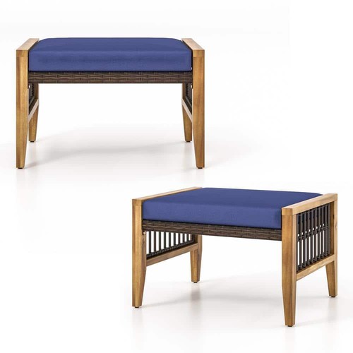 Gymax Outdoor Patio Ottoman Footstool W/ Removable Cushion 2-Pieces Acacia Wood - Picture 2 of 2