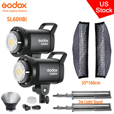 US 2*Godox SL60IIBI Bi-color LED Video Light+35*160cm Grid Softbox 2m Stand Kit