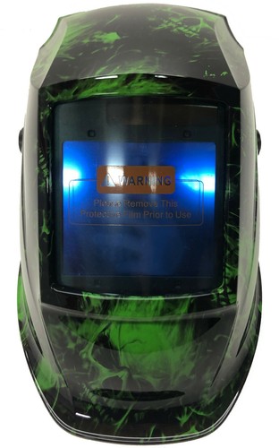 Hydro Dipped Welding Helmet AUTO DARK WHAM30 Series Alien Green Flaming Skulls - Picture 2 of 4