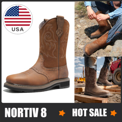 Men's Steel Toe Western Cowboy Boots Square Toe Leather Work