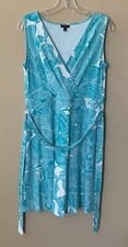 Talbots Woman Dress With Tie Sleeveless Size X Floral Turquoise White Stretch B2