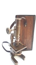 Brass Microscope Vintage Student Microscope 7" Rare Monocular type W/Leather Box