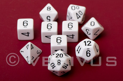 DICE Chessex OPAQUE WHITE with BLACK 10 Pc. Full Set d20 Solid RPG d10 d6 25401