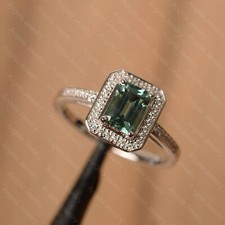 green sapphire ring sterling silver anniversary ring emerald cut ring for women