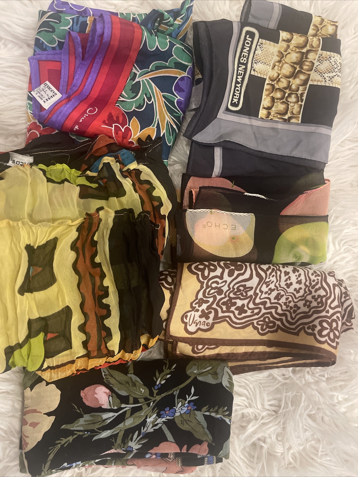 Scarf Lot Of 6 Silk Nylon Vintage & Designer Scarves … Gem