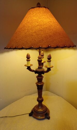 VTG Gold Toned Iron Lamp W/Candlebra Of Acorns & Paper Shade W/Leather Threading - Picture 1 of 8