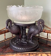 Aesthetic Movement 19C Carved Wood Compote With Herons, Snake, and Fish