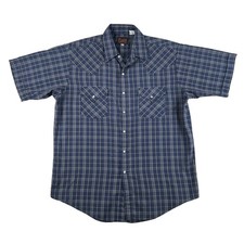 Plains Shirt Mens Large Blue Plaid Short Sleeve Western Pearl Snap Pockets