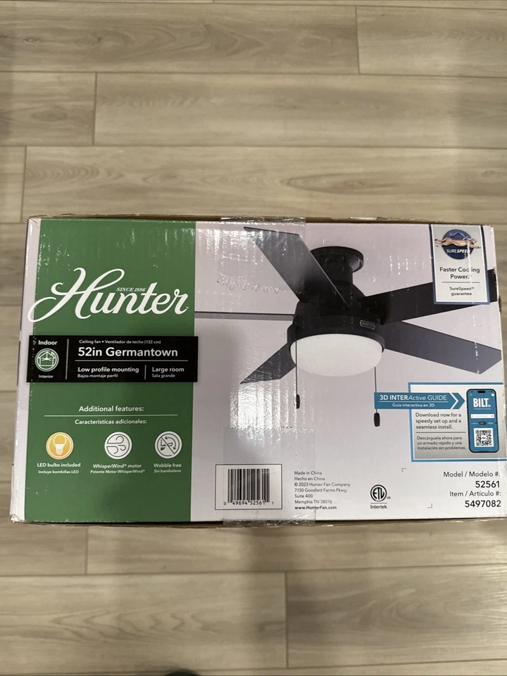 Hunter Germantown SureSpeed 52-in Matte Black Ceiling Fan W/Light 5 -Blade - Image 2 of 3