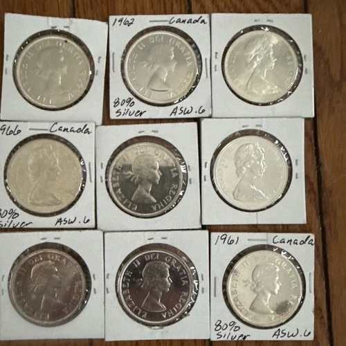 Canadian Silver Dollar 80% Fine Silver Coin Lot Of 9