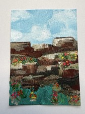 Dipinto originale ACEO paesaggio di montagna astratto 3,5”x2,5” Natasha Curry
